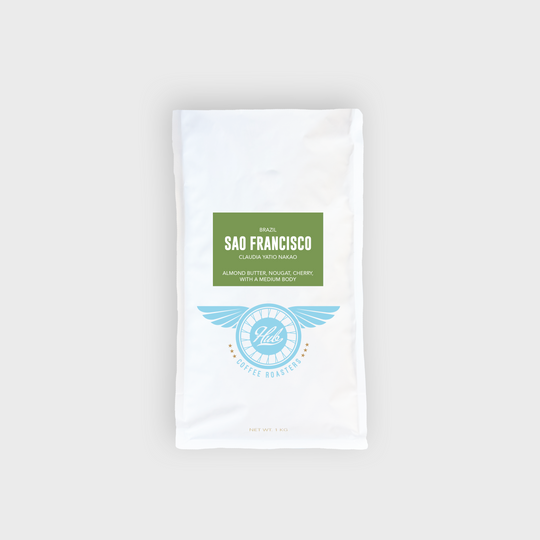 A kilo bag of the Brazil Sao Francisco single origin, medium roast coffee.