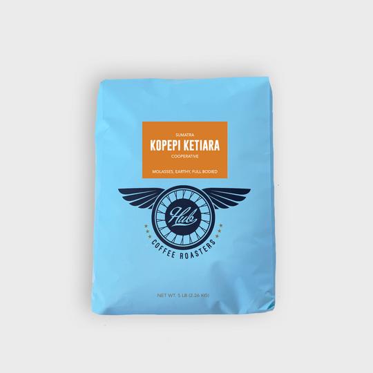 A 5lb. bag of the Sumatra Kopepi Ketiara single origin, medium roast coffee.