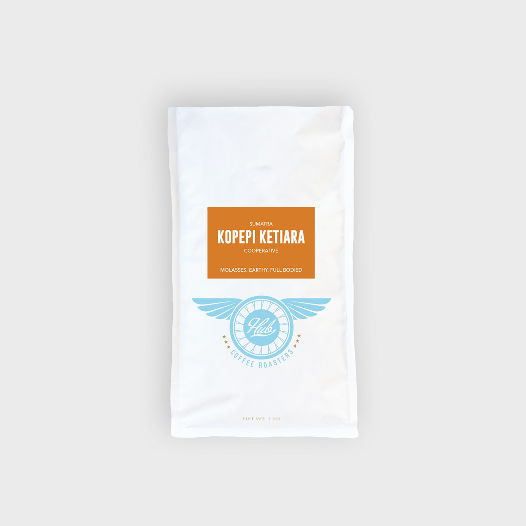 A kilo bag of the Sumatra Kopepi Ketiara single origin, medium roast coffee.
