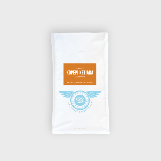 A kilo bag of the Sumatra Kopepi Ketiara single origin, medium roast coffee.