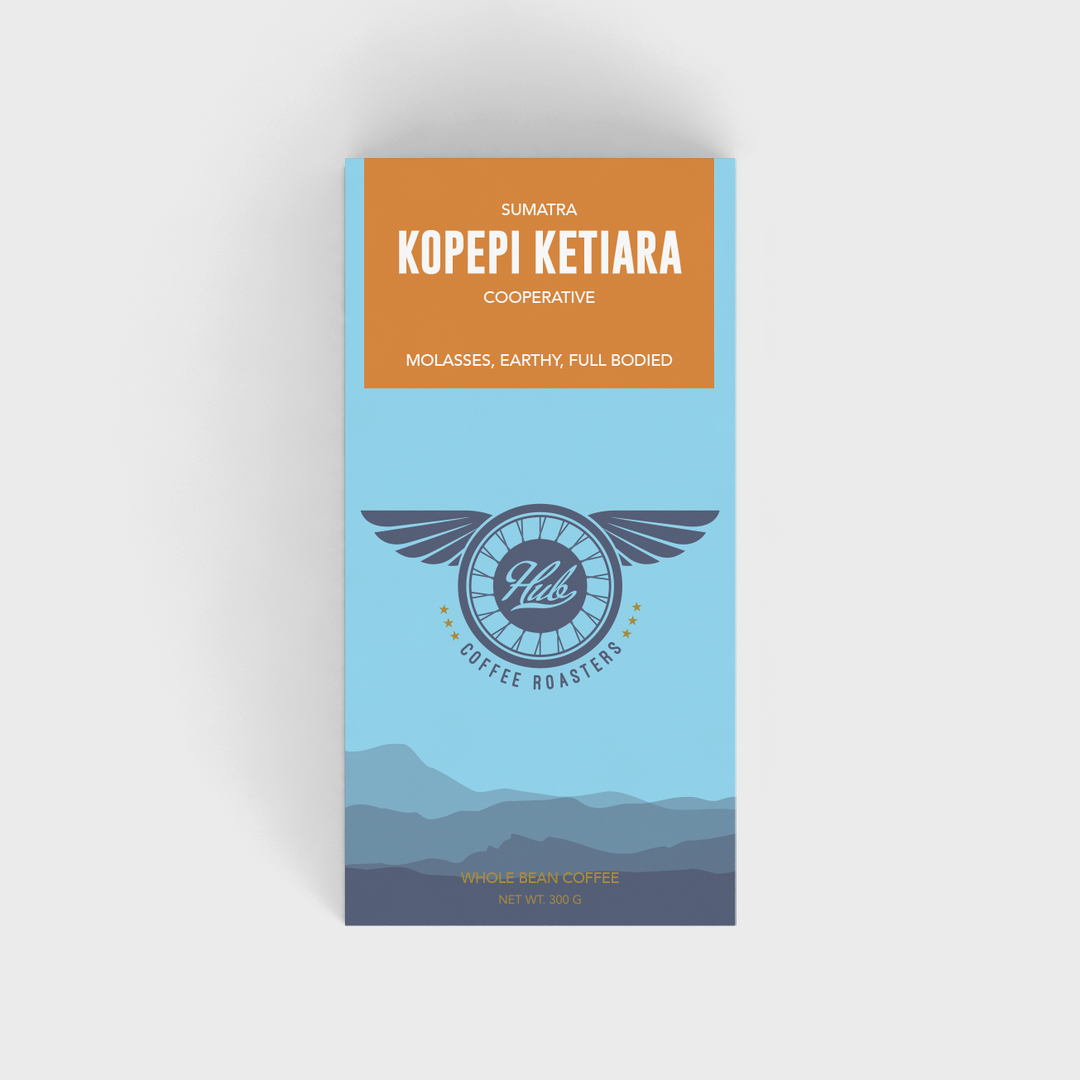 A 300g. bag of the Sumatra Kopepi Ketiara single origin, medium roast coffee.