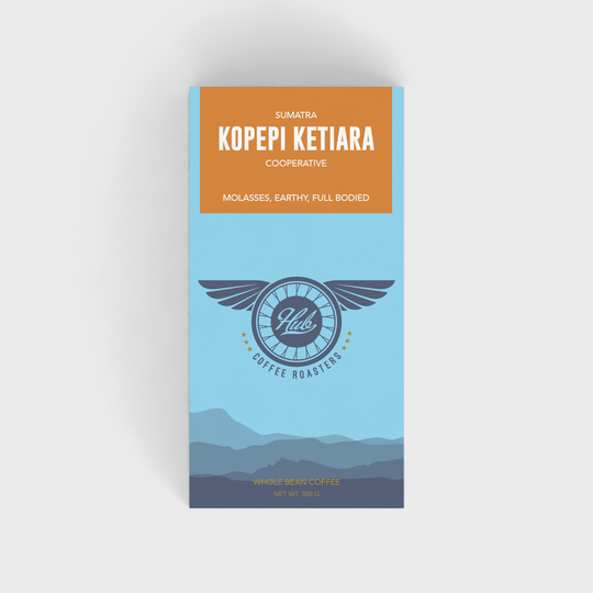 A 300g. bag of the Sumatra Kopepi Ketiara single origin, medium roast coffee.