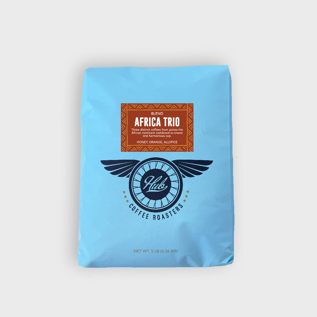 Blue Hub Coffee Roasters 5lb coffee bag with 'Africa Trio' label on it. 