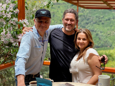Founder, Mark Trujillo, with Finca Santa Elena producers Samuel Roldan and Paula Concha in Colombia.