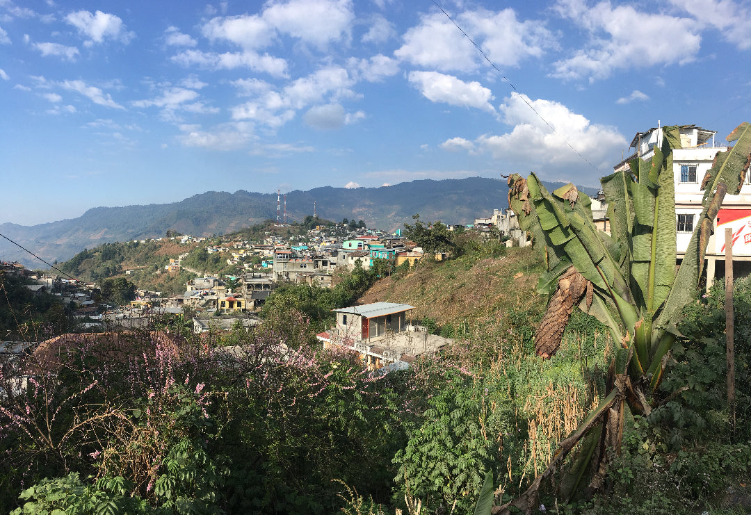 Hillside village with buildings and greenery under a blue sky with clouds