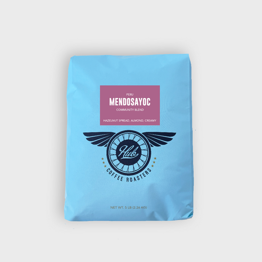 A 5lb. bag of the Peru Mendosayoc medium roast coffee. 
