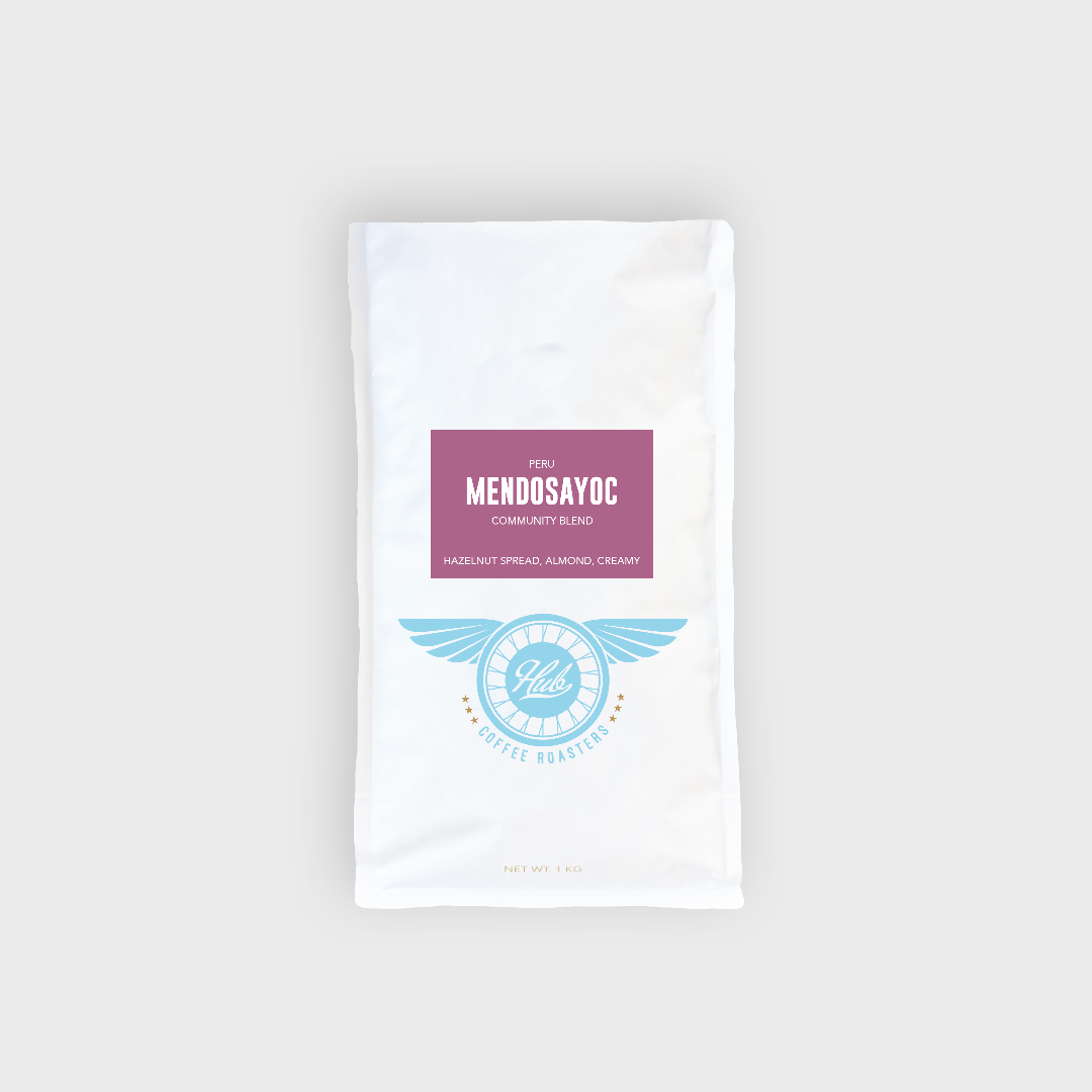 A kilo bag of the Peru Mendosayoc medium roast coffee. 